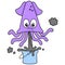 Purple squid is spraying black ink poison as self defense, doodle icon image kawaii