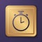 Purple Stopwatch icon isolated on purple background. Time timer sign. Chronometer sign. Gold square button. Vector