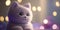 Purple stuffed cat sitting with a sparkly purple background. Violet kitten plush. Adorable cuddly kitty.