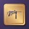 Purple Submachine gun M3, Grease gun icon isolated on purple background. Gold square button. Vector