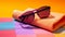 purple sunglasses on summer beach towels, orange background