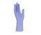 Purple surgical medical gloves isolated on white background with hands. Rubber glove manufacturing, human hand is wearing a la