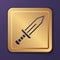 Purple Sword icon isolated on purple background. Medieval weapon. Gold square button. Vector