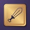 Purple Sword toy icon isolated on purple background. Gold square button. Vector