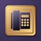 Purple Telephone handset icon isolated on purple background. Phone sign. Gold square button. Vector