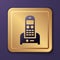 Purple Telephone icon isolated on purple background. Landline phone. Gold square button. Vector Illustration