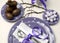 Purple theme Easter dinner, breakfast or brunch table setting, aerial view.