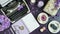 Purple theme vintage writers blog header overhead flat lay.