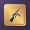 Purple Thompson tommy submachine gun icon isolated on purple background. American submachine gun. Gold square button