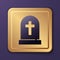 Purple Tombstone with cross icon isolated on purple background. Grave icon. Happy Halloween party. Gold square button