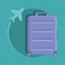 A purple travel bag on a blue background. A luggage with an airplane. Vector illustration.