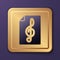 Purple Treble clef icon isolated on purple background. Gold square button. Vector