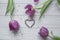 Purple tulips with green leaves, Heart lined with purple stones in the middle. Space for text
