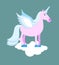 Purple Unicorn with blue mane on cloud. Mythical beast with wing