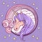 Purple unicorn in fantasy style on purple background. Cartoon vector illustration. Poster design.
