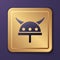 Purple Viking in horned helmet icon isolated on purple background. Gold square button. Vector