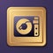 Purple Vinyl player with a vinyl disk icon isolated on purple background. Gold square button. Vector