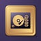 Purple Vinyl player with a vinyl disk icon isolated on purple background. Gold square button. Vector Illustration