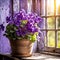 Purple Violets In Clay Pot By Rustic Window