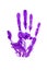 Purple watercolor human hand print on white background isolated close up, violet handprint illustration, colorful palm and fingers