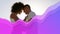 Purple wavy lines against mixed race couple dancing at the beach