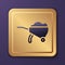 Purple Wheelbarrow with dirt icon isolated on purple background. Tool equipment. Agriculture cart wheel farm. Gold