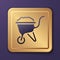 Purple Wheelbarrow with dirt icon isolated on purple background. Tool equipment. Agriculture cart wheel farm. Gold