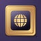Purple Worldwide icon isolated on purple background. Pin on globe. Gold square button. Vector