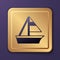 Purple Yacht sailboat or sailing ship icon isolated on purple background. Sail boat marine cruise travel. Gold square