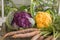 Purple and Yellow cauliflower with raw carrots on a vintage silver platter