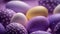 Purple and yellow easter eggs on violet lilac background. Colorful dyed eggs. Decorated wallpaper. Holiday.