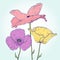 Purple, yellow and pink poppies drawing, hand-drawn illustration