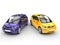 Purple and yellow small economic cars - top view