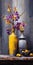 Purple And Yellow Vases With Flowers On A Dark Background