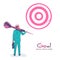 Purpose business concept. Purposeful businessman with spear in hand looks at the target