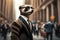 Purposeful meerkat in a suit, a portrait on a city street. Generative ai