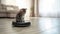 Purr-fect Harmony: Kitten Rides Robot Vacuum in Modern Living Room