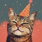 A purring Whiskers in a party hat extends heartfelt birthday wishes with a warm smile