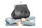 Purse with heap of dollar packs, 3D rendering