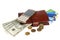 Purse with money, credit cards and mobile phone isolated on whit