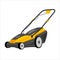 Push Lawn mower vector illustration. Black and yellow lawn mower with a grass catcher. Object isolated on a white background,