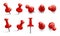 Push pin in different angles. Red thumbtack for attachment. Pushpins with metal needle and red head isolated vector set