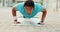 Push up, black man and city fitness, exercise and mindset, workout challenge and focus for health in Brazil. Bodybuilder