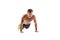 Push up fitness man doing push-up bodyweight exercise on gym floor. Athlete working out chest muscles strength training