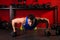 Push-up strength man hex dumbbells workout at gym