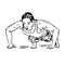 Push-up workout, man front view, hand drawn doodle, drawing in gravure style