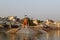 Pushkar lake and temples at sunset