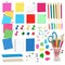 Pushpins, pins, thumbtacks, paper stickers, pencils - Office supplies vector on white background.