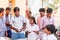 PUTTAPARTHI, ANDHRA PRADESH, INDIA - JULY 9, 2017: A group of people in line for a meal. Close-up.