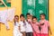 PUTTAPARTHI, ANDHRA PRADESH, INDIA - JULY 9, 2017: Portrait of five cheerful indian boys. Copy space for text.